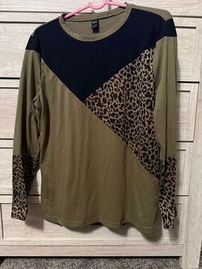 Olive Long Sleeve Tee with Black & Leopard Panel